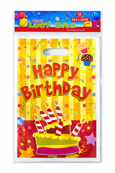 Пакети подар. п/е дит. 16х25см 10шт. HAPPY BIRTHDAY ТОРТ на жовт