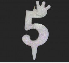 Свічка-цифра з короною 10см "5" БІЛА