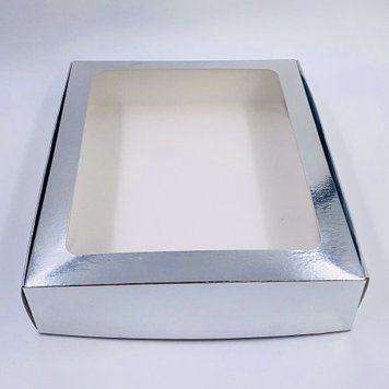 Коробка д. макаронс 205х200х50 з вікном СРІБНА