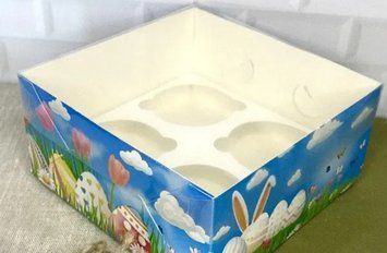 Коробка на 4 кекса 160х160х80 з ПВХ кришкою ПАСХАЛЬНА