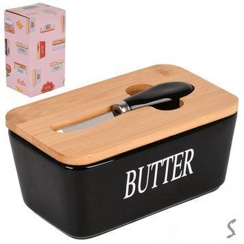 Маслянка кераміка з ножем та кришкою бамбук 16,8х9,5х7,7см 34972-BL